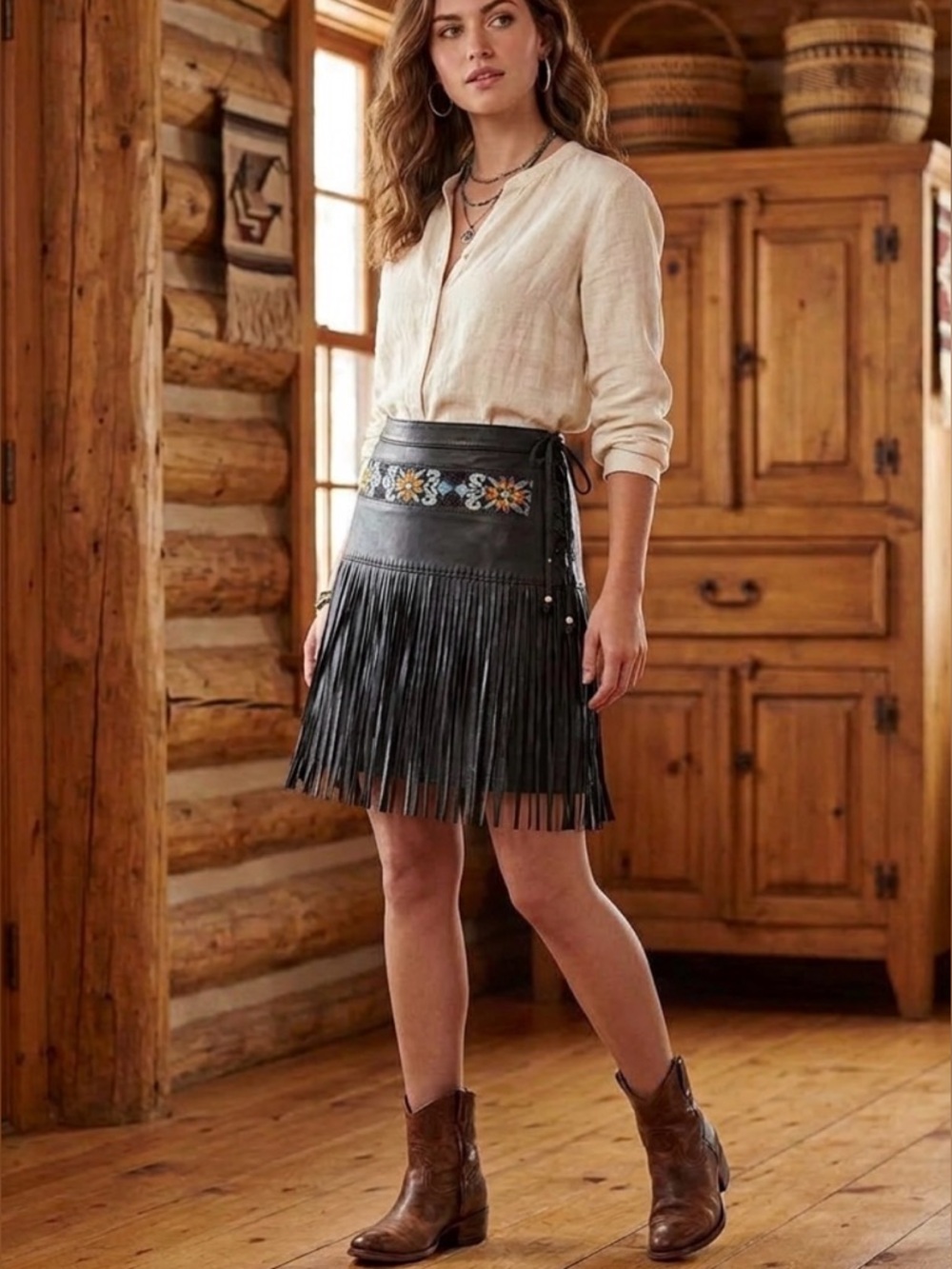 Kobler Lacota Skirt Black Leather Beaded Fringe XL